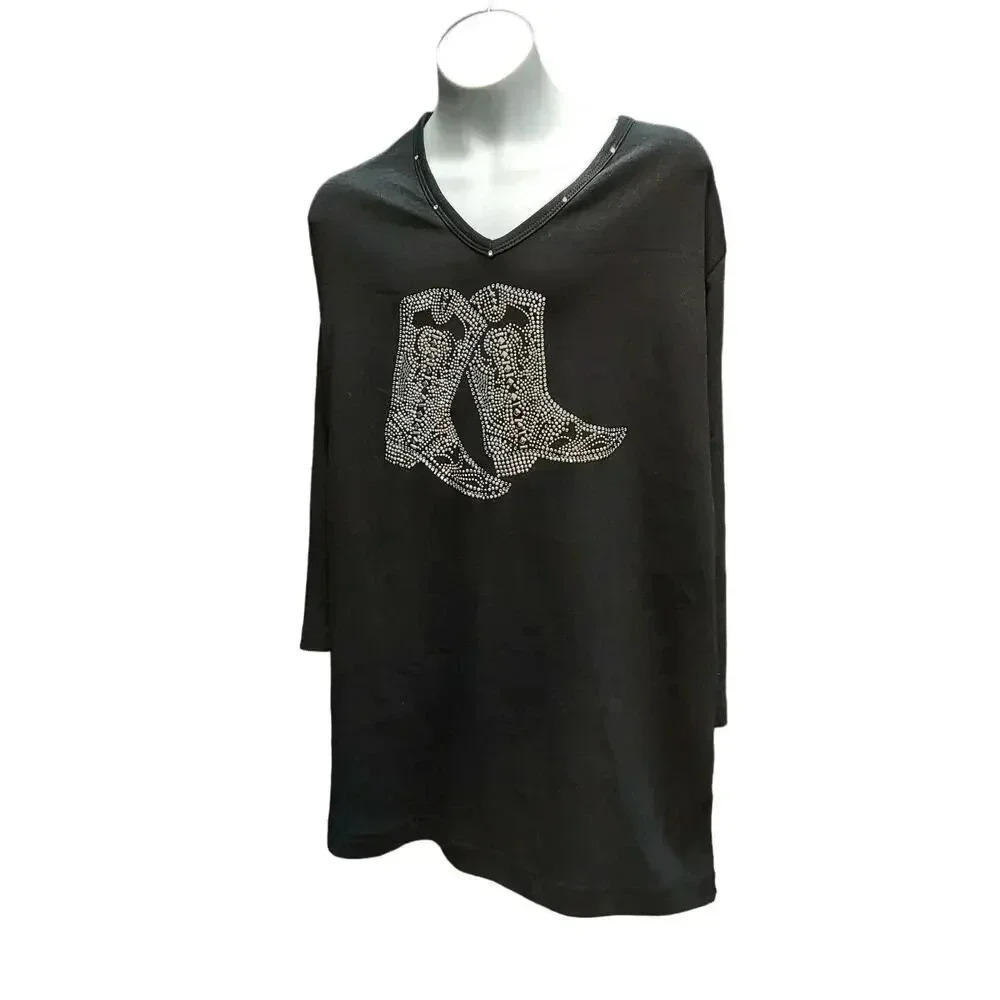 Ladies Black T-Shirt V Neck Cowboy bling Western Boots Line Dancing Shirt
